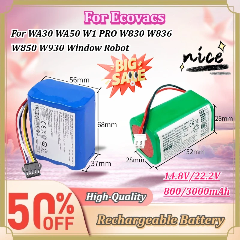 For Ecovacs WA30 WA50 W1 PRO W830 W836 W850 W930 Window Robot 14.8V/22.2V 800/3000mAh High Capacity Replacement Battery