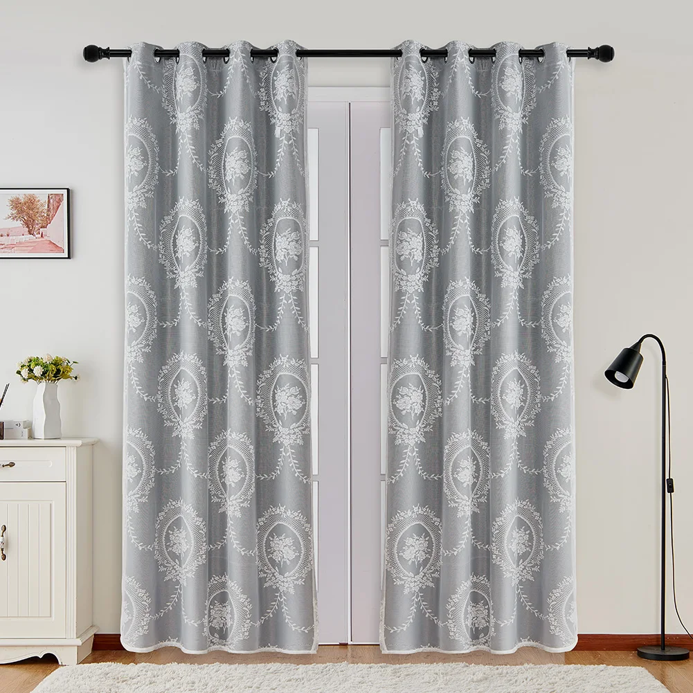 LOZUJOJU Embroidered Style White Sheer Tulle Curtain with  Dark Grey Blackout Curtain for Bay Window Balcony 1PC