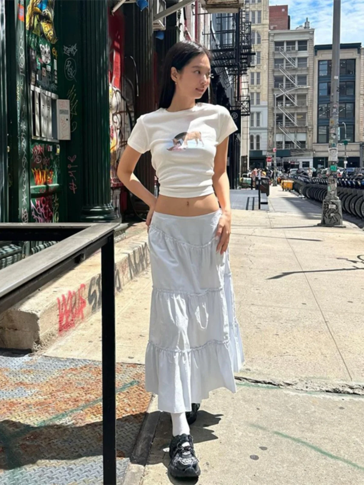 Jennie Light Blue Pleated A-Line  Skirt Sweet Lace Trim Summer Women's Ins High Waist Long Skirt Street Sle Casual Loos...