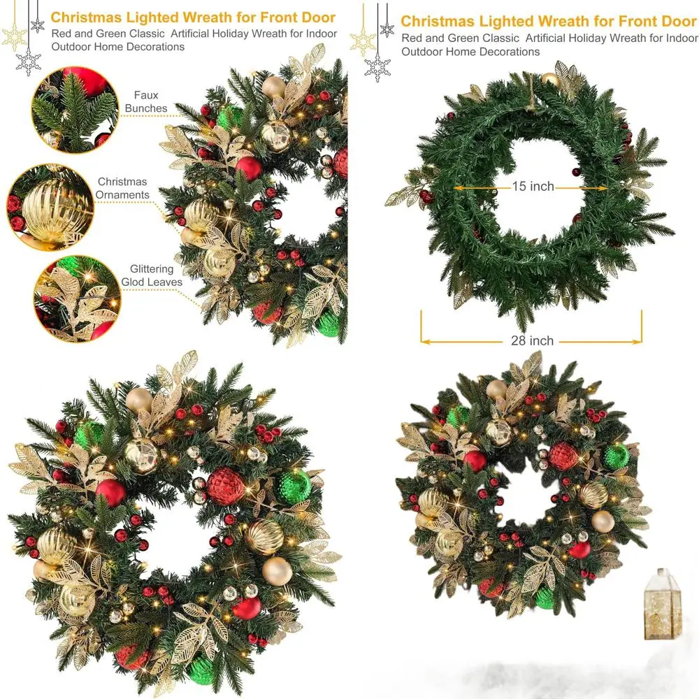 

Искусственный рождественский венок на батарейках с 35 светодиодами, золотыми, зелеными, красными украшениями и блестящими стебли из сусального золота для