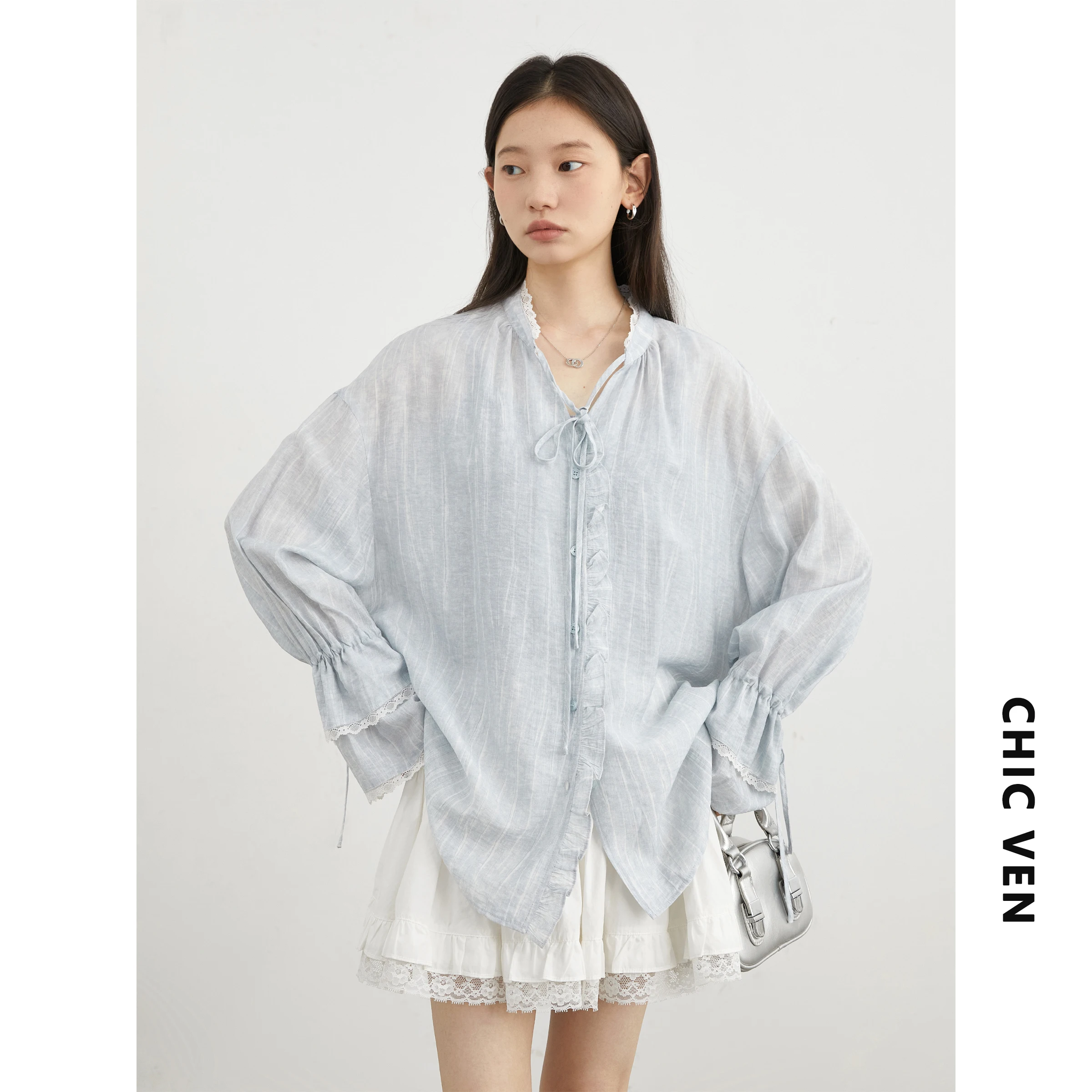 شيك فين قميص نسائي واحد الصدر الخامس الرقبة فضفاضة عادية كم طويل جديد الوقوف طوق معطف بلوزة الإناث ربيع الخريف 2025 #2