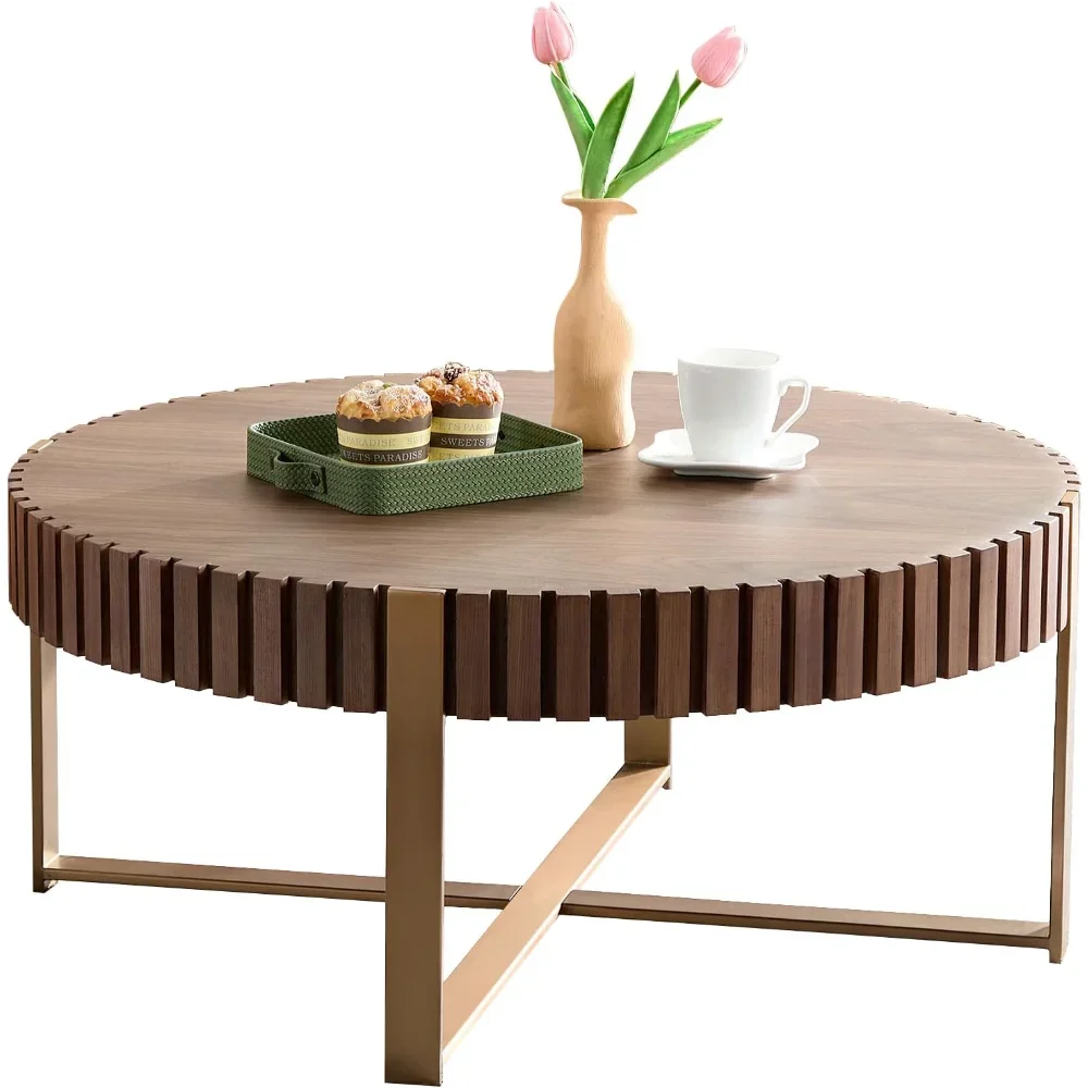 

Coffee Table for Living Room, Solid Wood Handcraft Drum Coffee Table, Wooden Felief Coffee Table, Stainless Steel Legs Sturdy