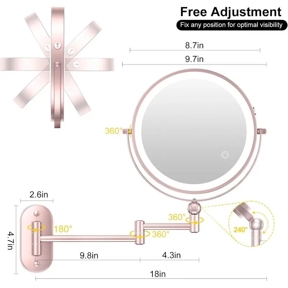 9 مرآة مكياج مثبتة على الحائط مضيئة LED مع تكبير مزدوج الجوانب قابل لإعادة الشحن، 360 درجة ° ذراع دوار، قابل للتعتيم باللمس، 3 ألوان #6