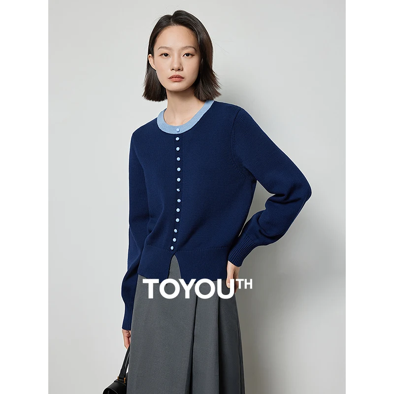 

TOYOUTH Women Knit Cardigan 2024 Spring New Fake Split Hem Contrast Color Long Sleeve Pullover Tops