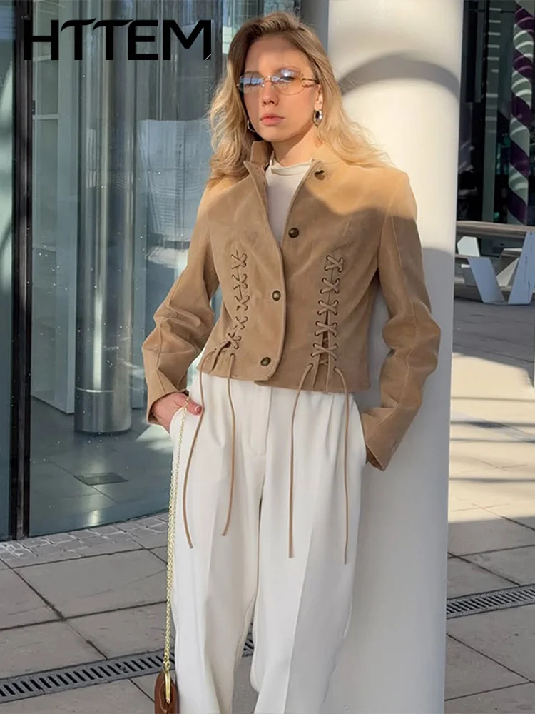 Vintage Women's Cropped Jacket Slim Turndown Collar Lace Up Long Sleeve Single-breasted Camel Coat 2026 Autumn Lady Streetwear