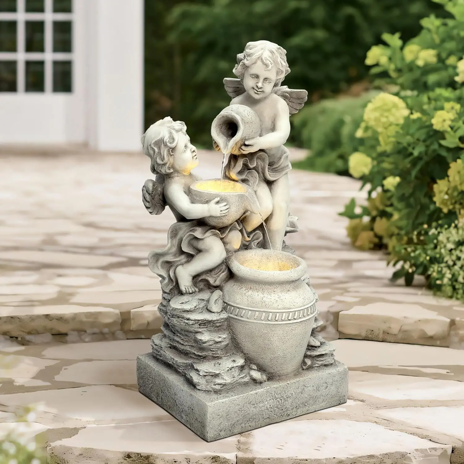 

30in Resin 3-Tier Angel & Urn Water Fountain with LED Light, Outdoor Garden Backyard Decor, Customized
