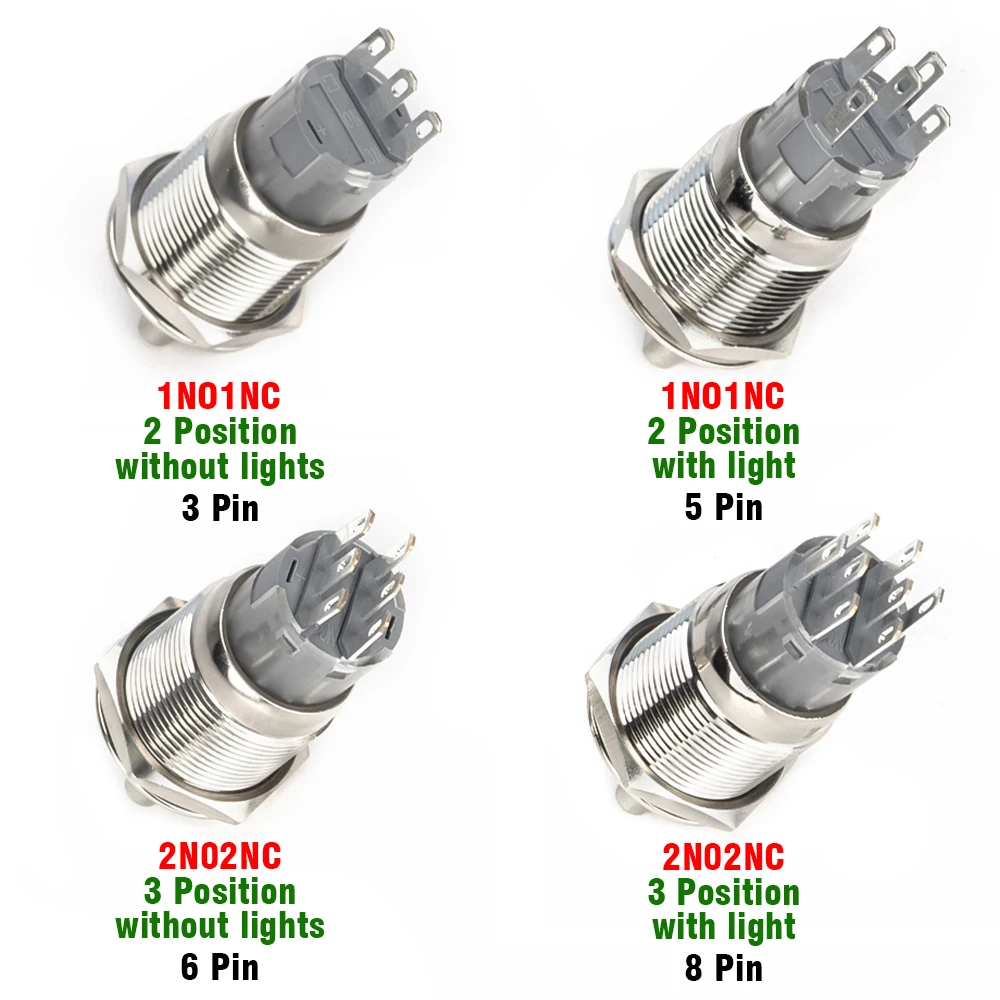 19mm 2 3 Position Switch Push Button Switch DPDT Illuminated Metal selector Rotary Switch with LED Waterproof Stainless Steel