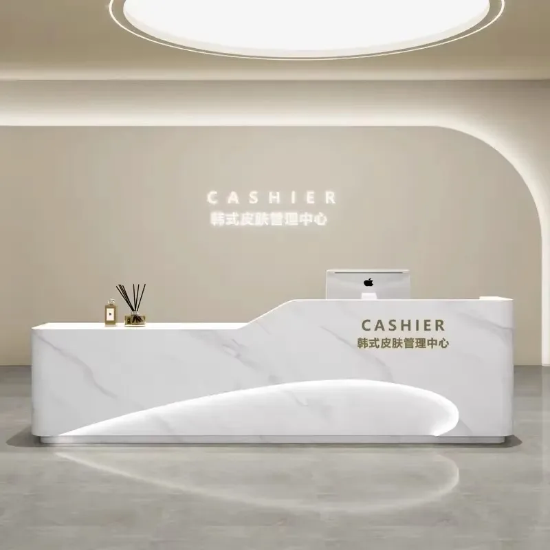 Modern Design Beauty Salon Cashier Luxury Wooden Gray Reception Desk Spa Beauty Salon With LED Lighting