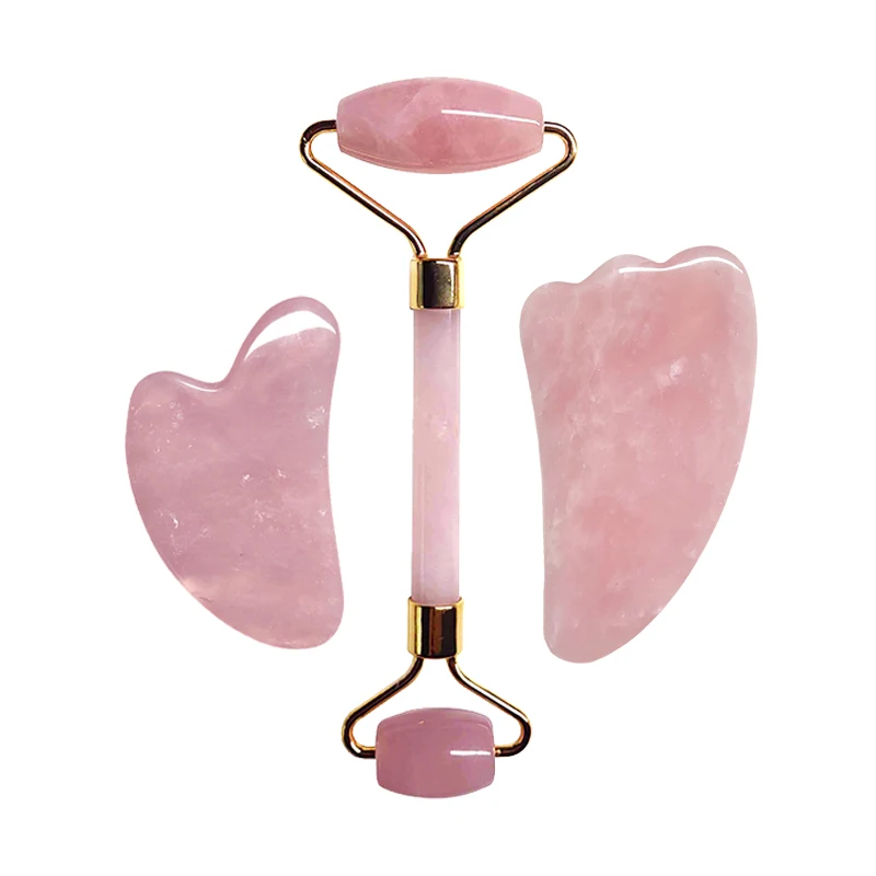 3PCS/Set Natural Rose Quartz Gua Sha Roller Slimming Face Massager Lifting Tool Facial Massage Jade Roller Gua Sha Kit Stone