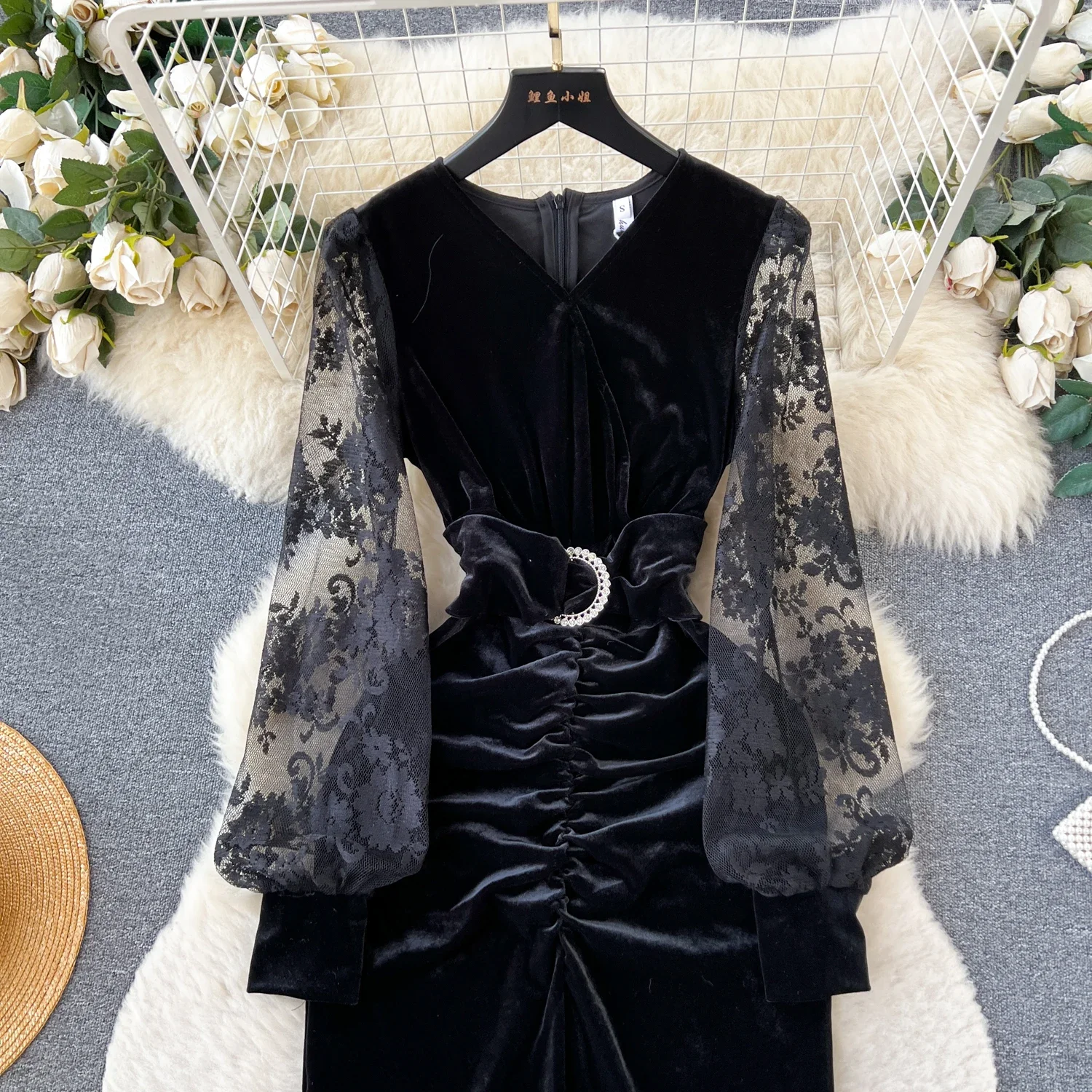 Chic Bodycon Long Sleeve V Neck Mesh Patchwork Velvet Dress Korean Fashion Vestidos Women Vintage Spring Autumn Ceremonial Dress