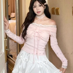 Lace Bow One Shoulder Long Sleeved T-shirt for Women INS Slim Fit as a Base Layer for Clothing