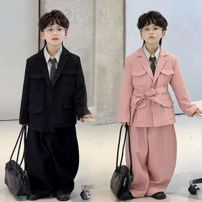 Boys Pink Belted Blazer & Wide Leg Pants 2-Piece Set, Kids Elegant Formal Suit Outfit for Wedding Party Performance & Daily Wear