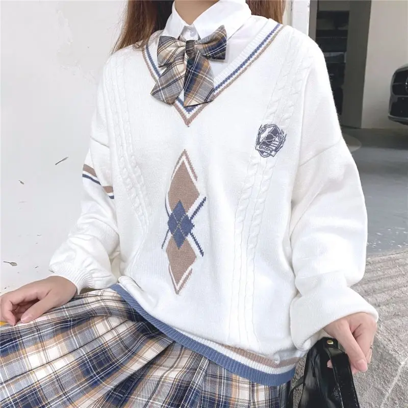 JK Uniform Pullover Sweater Korean V-neck Knitted Tops College Style Sweet Female Student Loose Outwear Japanese School Uniform