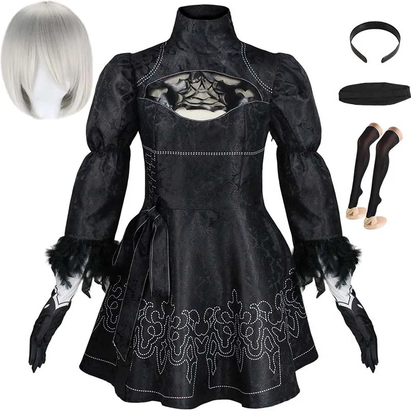 Big Size Yorha 2B Cosplay Costume Black Leotard Dress 2B Full Set Halloween Shojou Magical Girl Outfits Wig Gloves Eyemask Socks