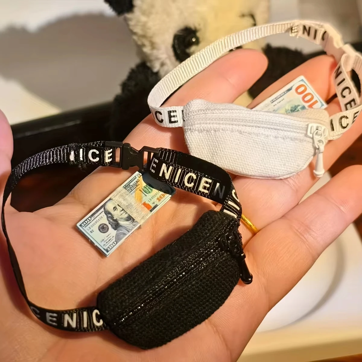 2Pcs Labubu Doll Crossbody Bag Waist Bag Mini Simulation Purse with Tiny Banknotes for 13-17cm Dolls Black White Doll Accessorie