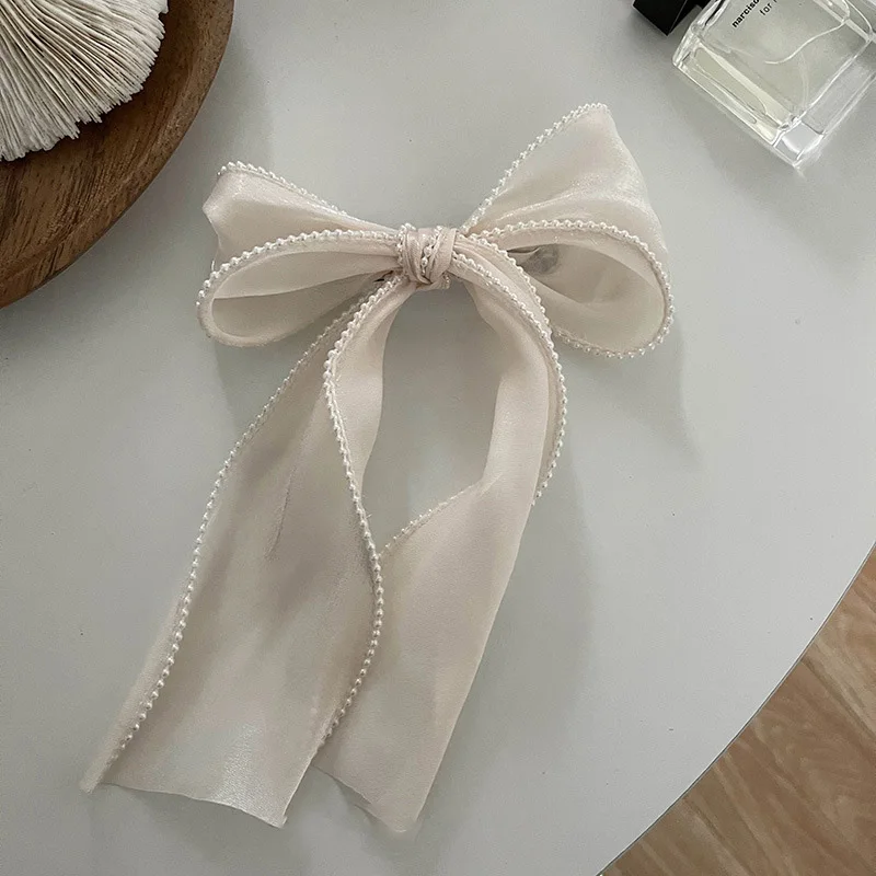 Elegant Pearl Streamer Hair Bows Clips Women Ponytail Hairpin Pearl Rim Mesh Bowknot Grips Barrettes Top Head Headdress Headwear