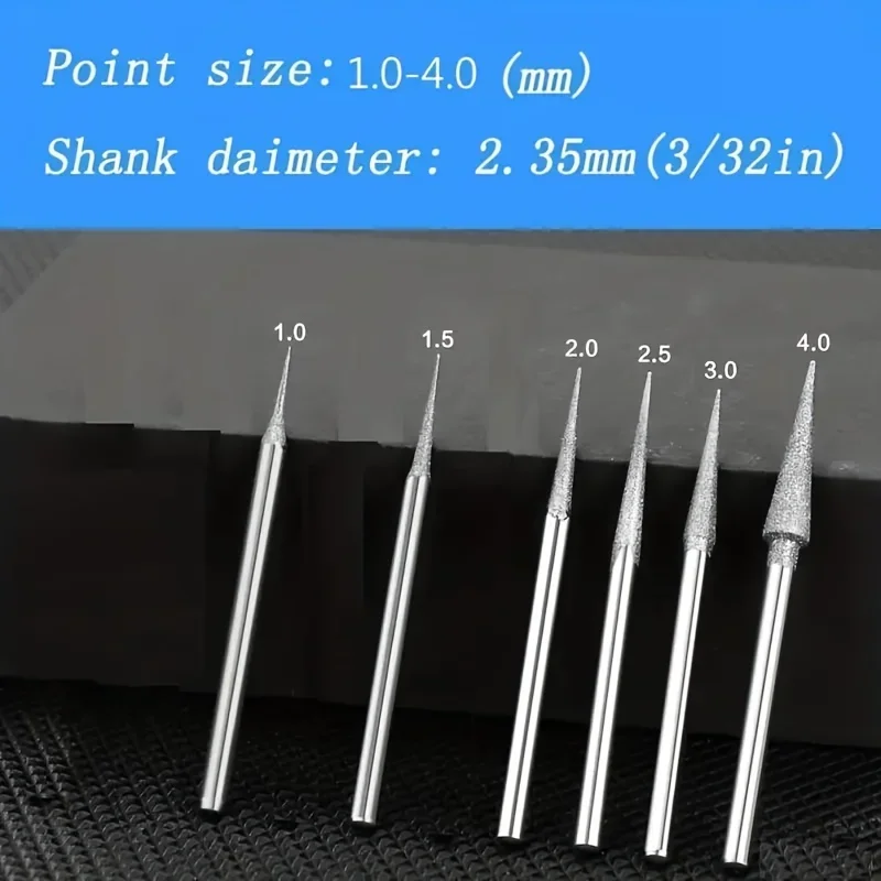 6 Stück 1-4 mm Diamant-Schleifkopf-Nadelbits, Fräser, Gravur- und Schnitzwerkzeug, 2,35 mm Schaft D – Detail 3