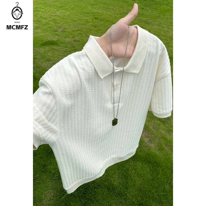 Men Vertical Jacquard Polo Short Sleeve Top Lapel Collar Two Button Placket Soft Textured Fabric For Youth Streetwear Style