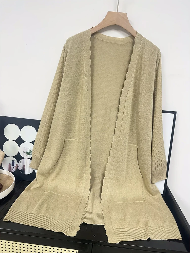 High Quality Ice Silk Knitted Mid Length Cardigan for Women's Summer Thin Sun Protection Top Paired with Shawl Jacket