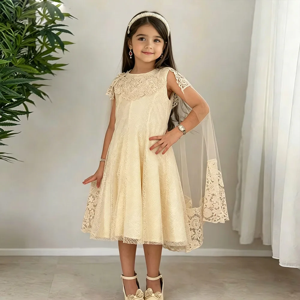 

Champagne Princess Dress Lace Flower Girl Dresses With Cloak Cute Dress For Girls O-Neck Birthday Dress Short Kids' Dresses