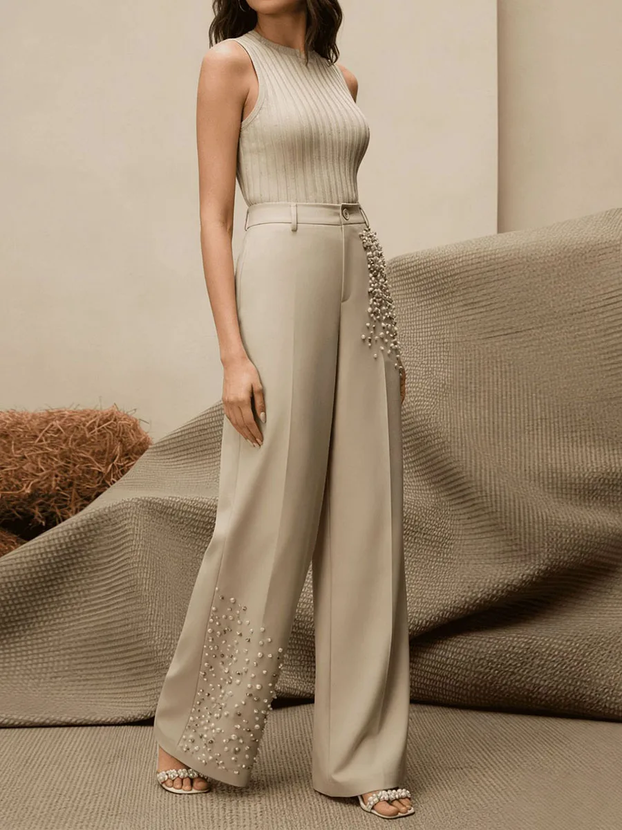 TWOTWINSTYLE Solid Spliced Pearl Loose Casual Pants for Women High Waist Patchwork Button Wide Leg Trousers Female Fashion Style