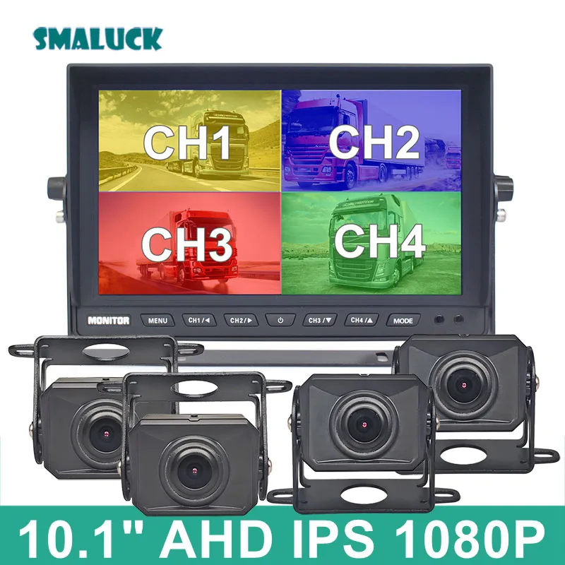 SMALUCK 1080P 10,1-дюймовый IPS 4-канальный 4-разделенный четырехэкранный дисплей заднего вида Автомобильный HD-монитор AHD Резервная автомобильная камера IP68 Водонепроницаемая
