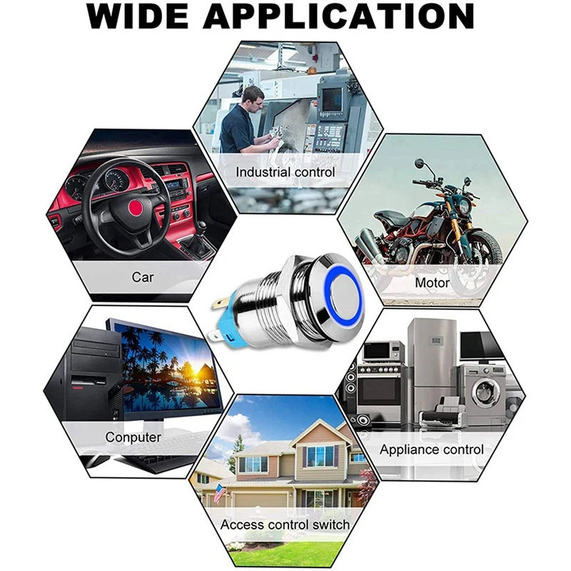 10PCS 12Mm Latching Push Button Switch High Round Cap, Waterproof Metal Push Button Switch With 12V/24V Blue Light