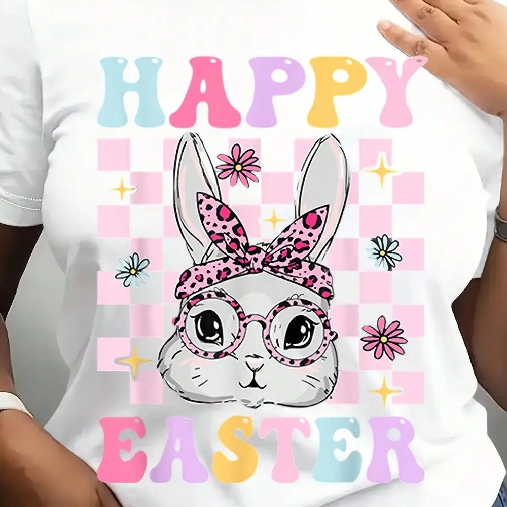 Happy Easter Bunny With Glasses And Bow Women s T-Shirt Pastel Colors Checkered Background Floral Design Spring Holiday Fun Shirt,Easter Bunny Shirts