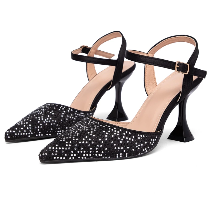 Luxo strass designer sandálias de salto alto feminino sexy bombas pontiagudas feminino tornozelo cinta salto estranho vestido de casamento sapatos de festa