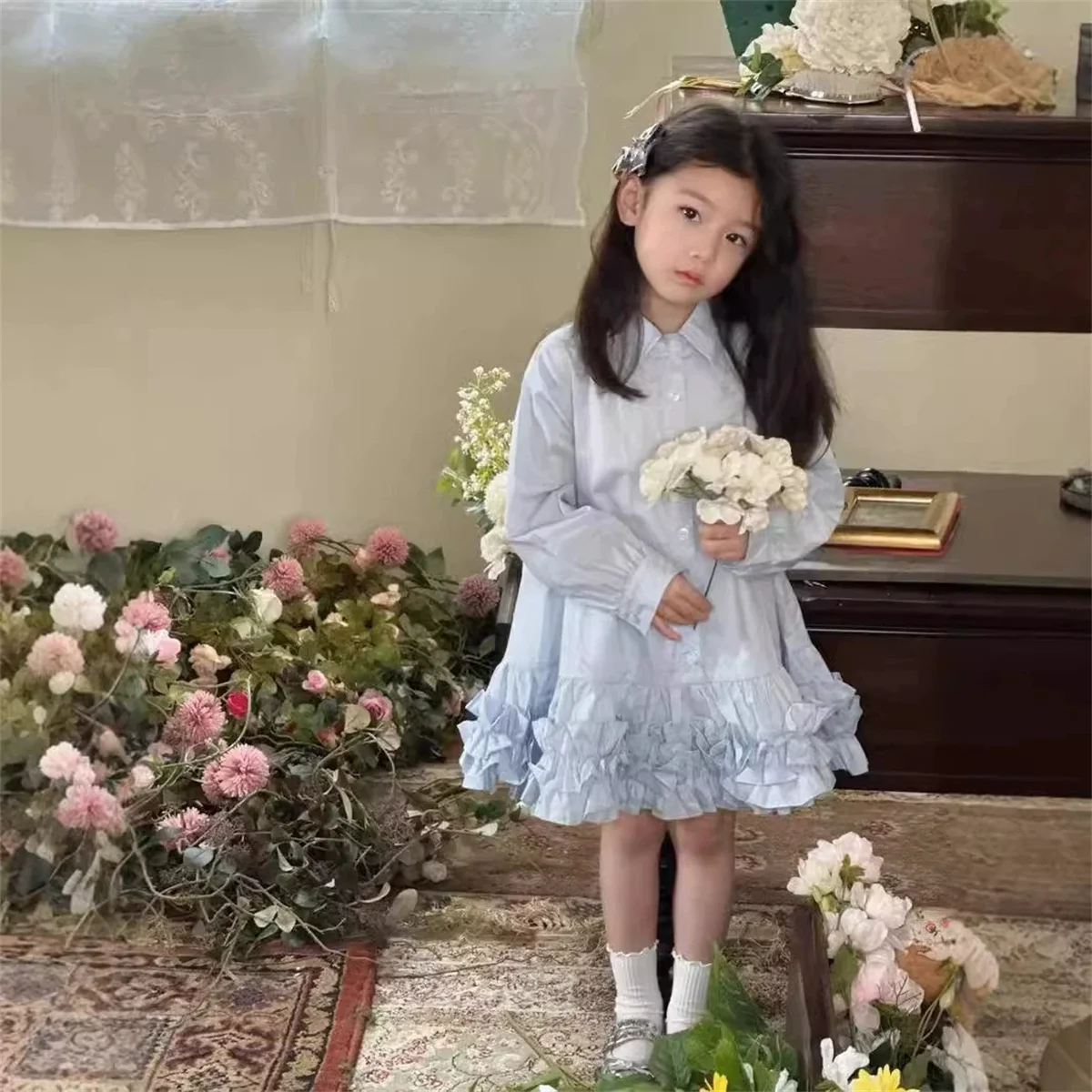 

Girls dresses Long sleeve shirt collar patchwork dress cake skirt 2025 spring and autumn new girls dress