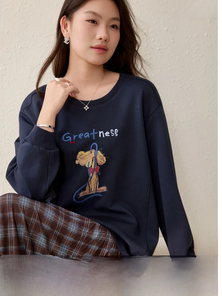 

Свитшот с круглым вырезом и принтом собаки, повседневный стиль, большие размеры, женский, весенняя новинка, удобный, из смесового полиэстера и хлопка