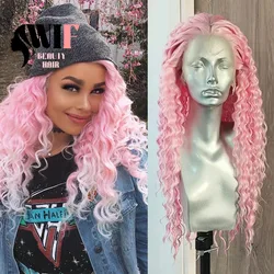 WIF Pink Color Curl Wave Synthetic Wig Long Curl Hair Light Pink Heat Friendly Kinky Wavy Lace Front Wigs Black Women Makeup Use