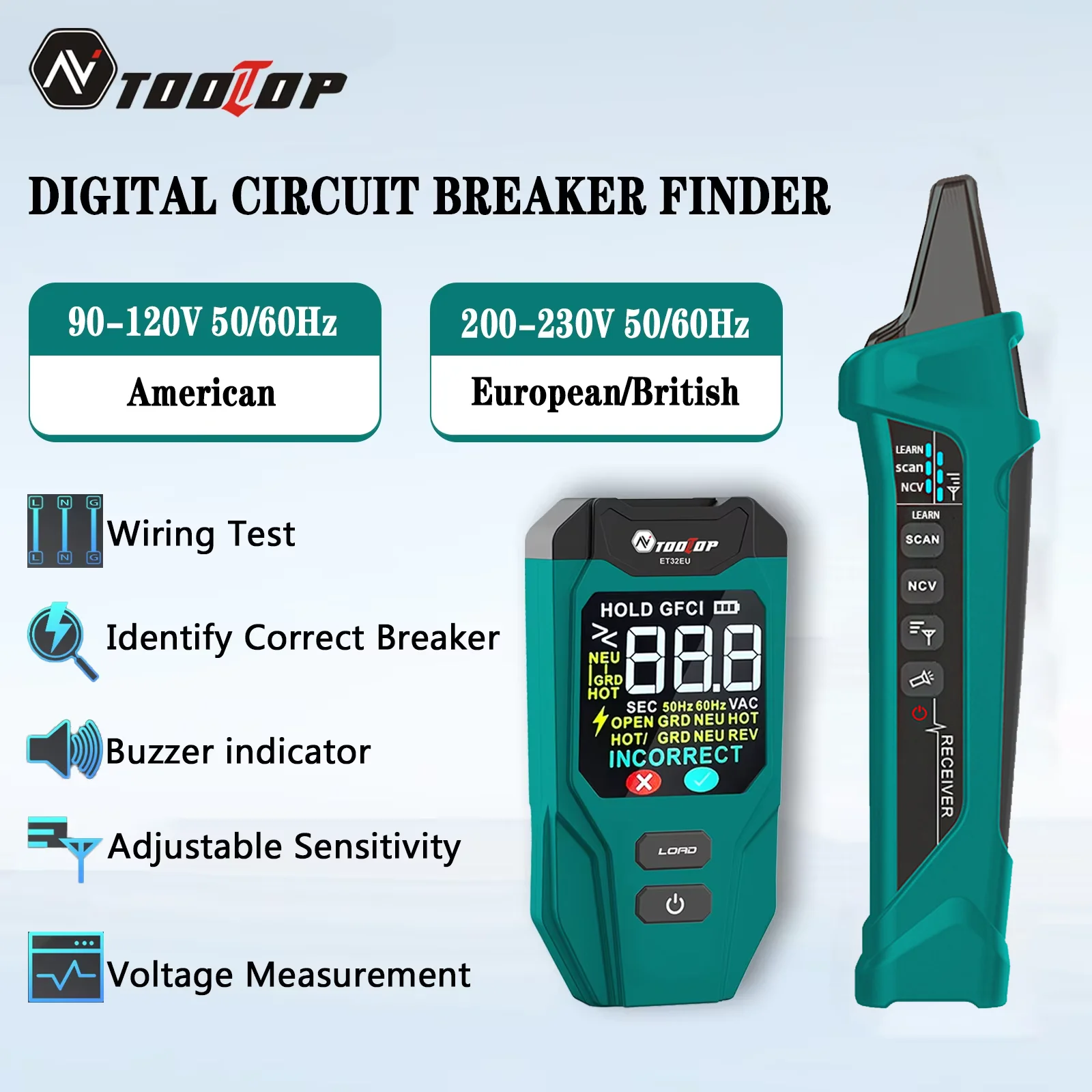 TOOLTOP ET32 Digital Circuit Breaker Finder Outlet Wiring Fault Detector Voltage Measurement GFCI Trip Time Test EU/US/UK Plug