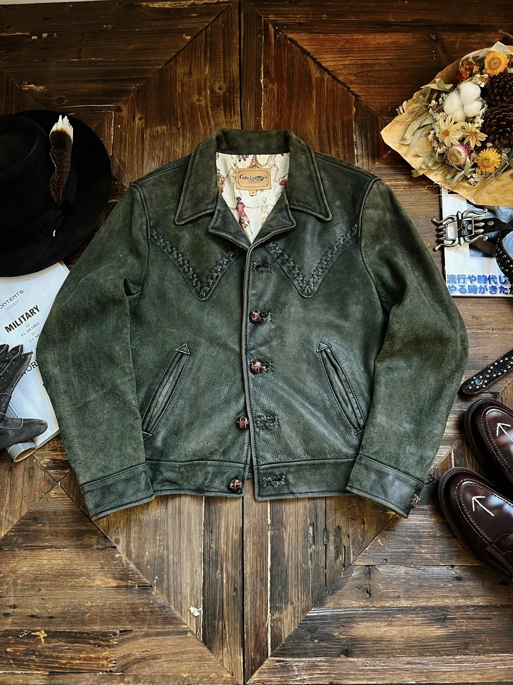 Tailor Brando American Vintage Washed and Aged Short Leather Jacket Hand-woven Personalized Lapel Jacket