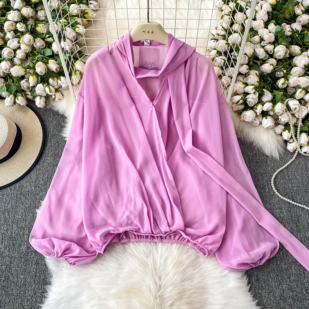 

Cross V-Neck Lantern Sleeve Shirt Women's Summer Loose Chiffon Sun Protection Pullover Shirt with Neck Ribbon Design Female Tops