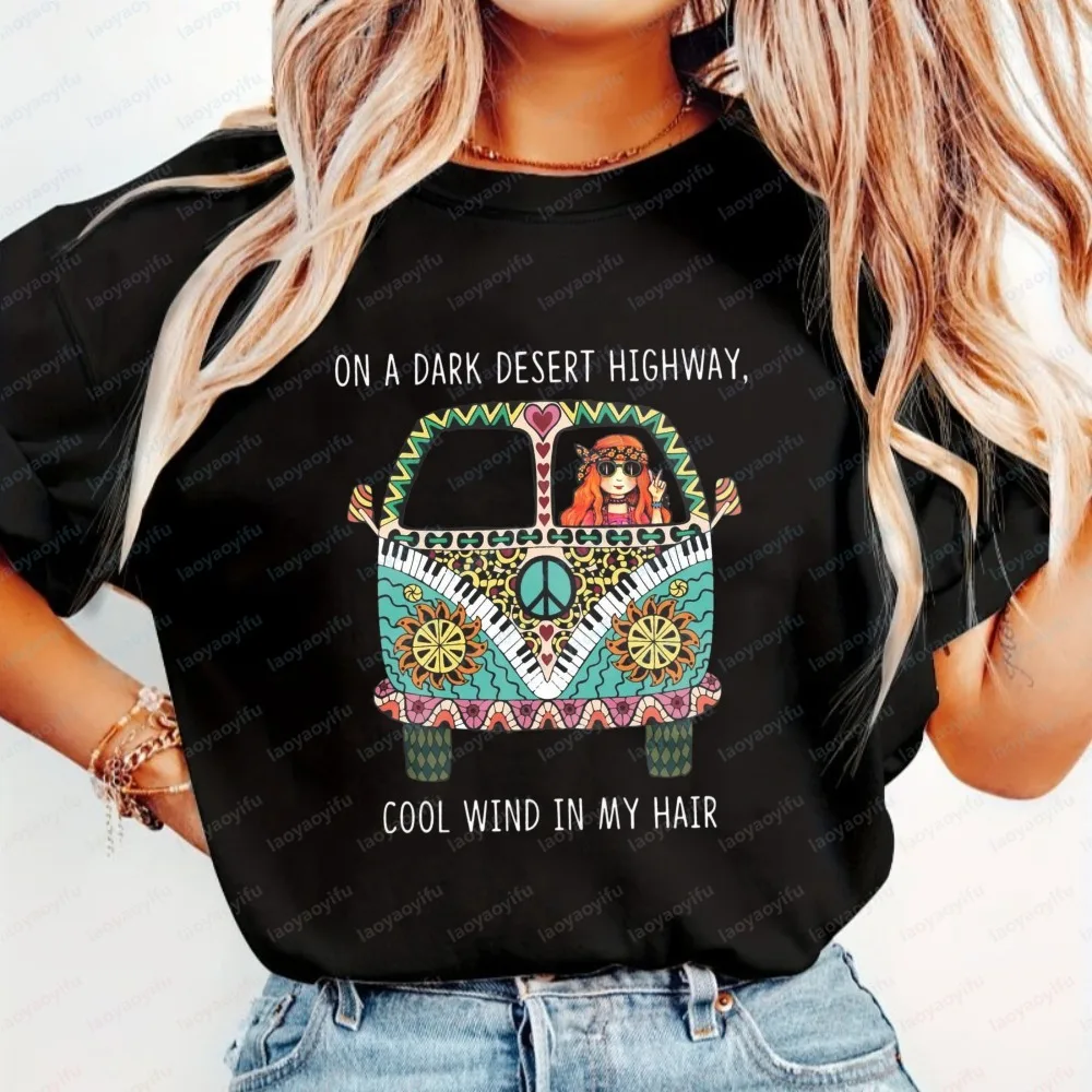 Hippie Soul V-Neck T-Shirt Peace Van Graphic Tee Unique Music Lover Gift Idea Stylish Boho Casual Tops Trend Clothes for Women
