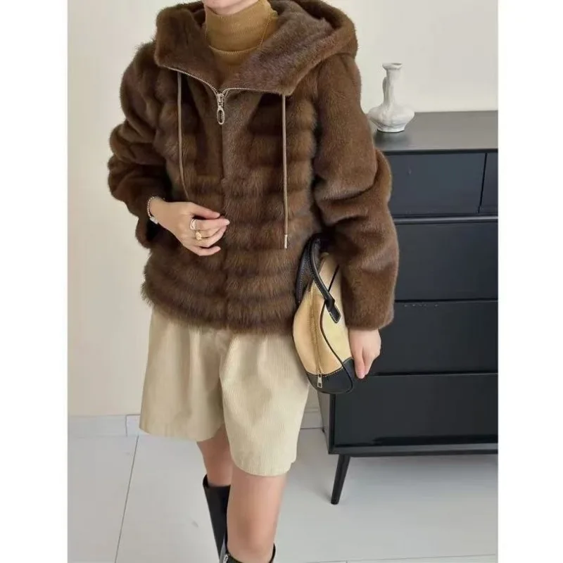 Luxury Autumn Winter New Warm Mink Fur Women Eco-Fur Jacket Hooded Zipper High-end Brand Long Sleeve Loose Short Coat Design Top