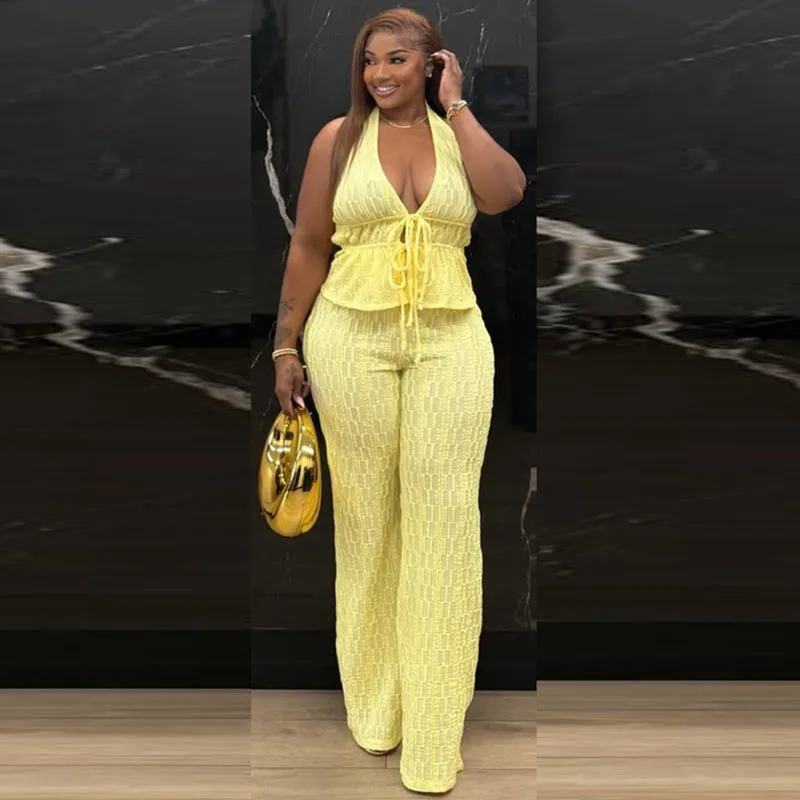 

Doyerl Plaid Two Piece Sets Woman Outfit Summer Clothes Vacation Halter V-neck Backless Top and Wide Leg Pants Matching Sets