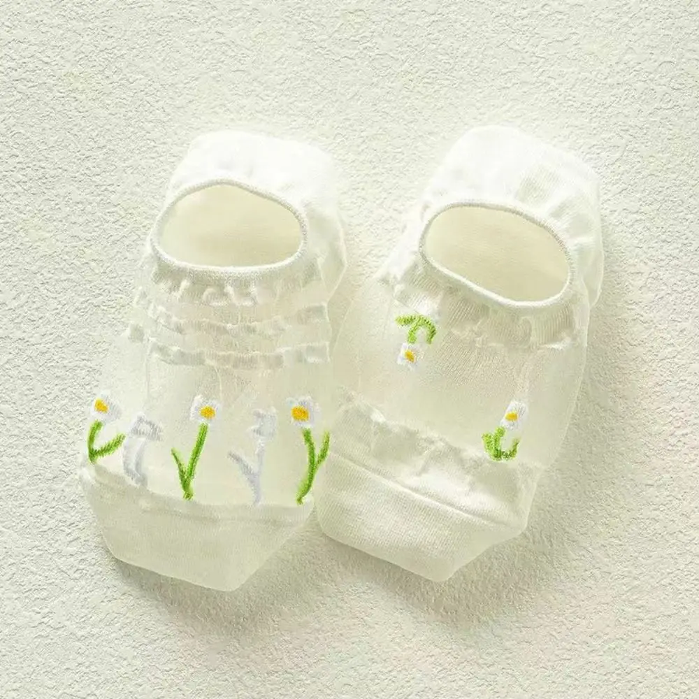 10Pairs Hosiery Floral Glass Silk Boat Socks Thin Breathable Flower Invisible Socks Sweet Glass Silk Mesh Short Sock Girl