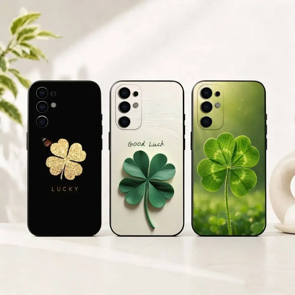 Luck Four-leaf Clover gift Phone Case Black Silicone Soft For Samsung S25,S24,S21,S22,S23,S30,Ultra,S20,Plus,Fe,Lite