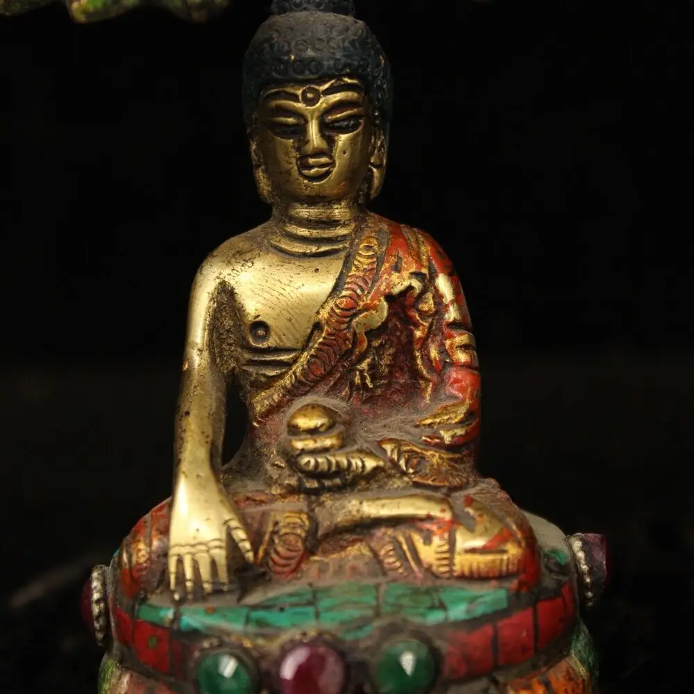 bronze Turquoise red coral Gem Indian Buddhism bodhi Gautama Buddha statue 11cm