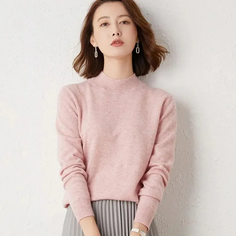 2023 New Solid Mock Neck 100%Wool Cashmere Sweater Female Autumn Winter Loose Sweater Knitted Wool Bottoming Shirt Casual