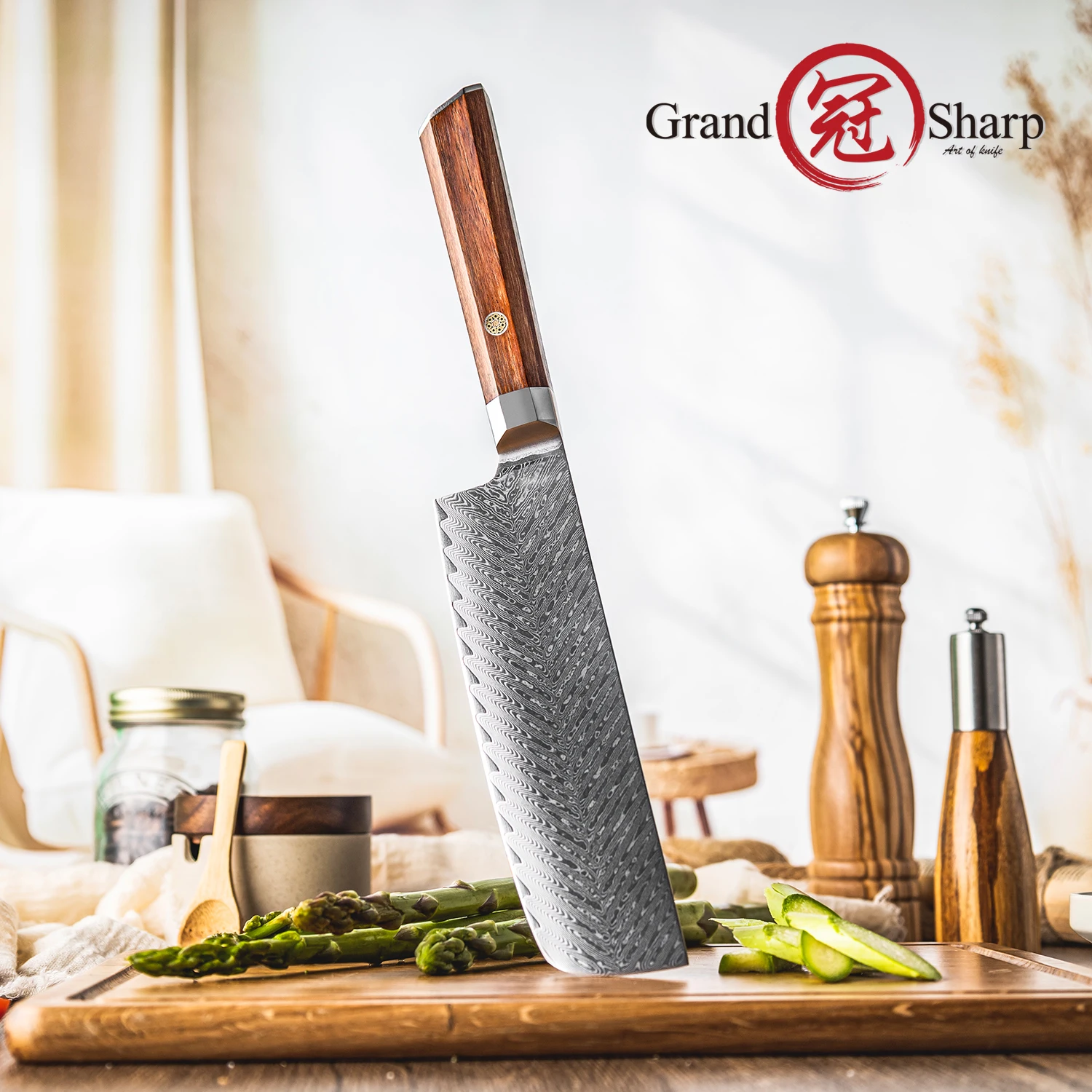 

Японские кухонные ножи накири Grandsharp из дамасской нержавеющей стали, 67 слоев овощей, мяса, рыбы, нарезки, измельчения, готовки