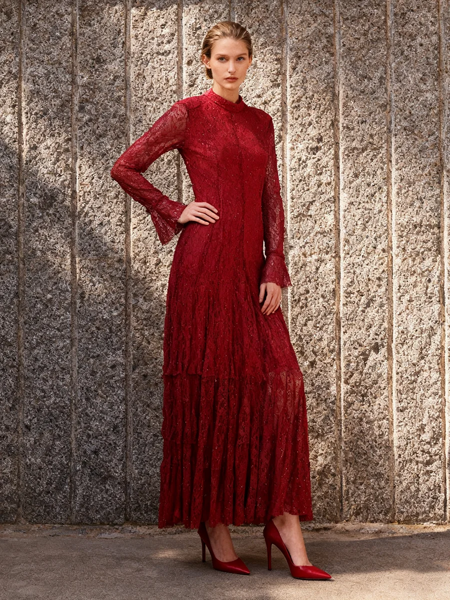 TWOTWINSTYLE Afslanken Sheer Spliced Lace Elegante Jurken voor Vrouwen O Hals Lange Mouwen Patchwork Hot Fix Mode Jurk Vrouwelijke