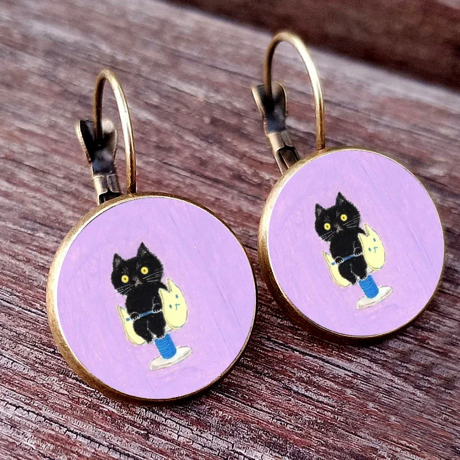 Cute Graffiti Cat Earrings，Naughty Little Cat Glass Cabochon French Hook Earrings I Love My Cat Women Earrings jewelry