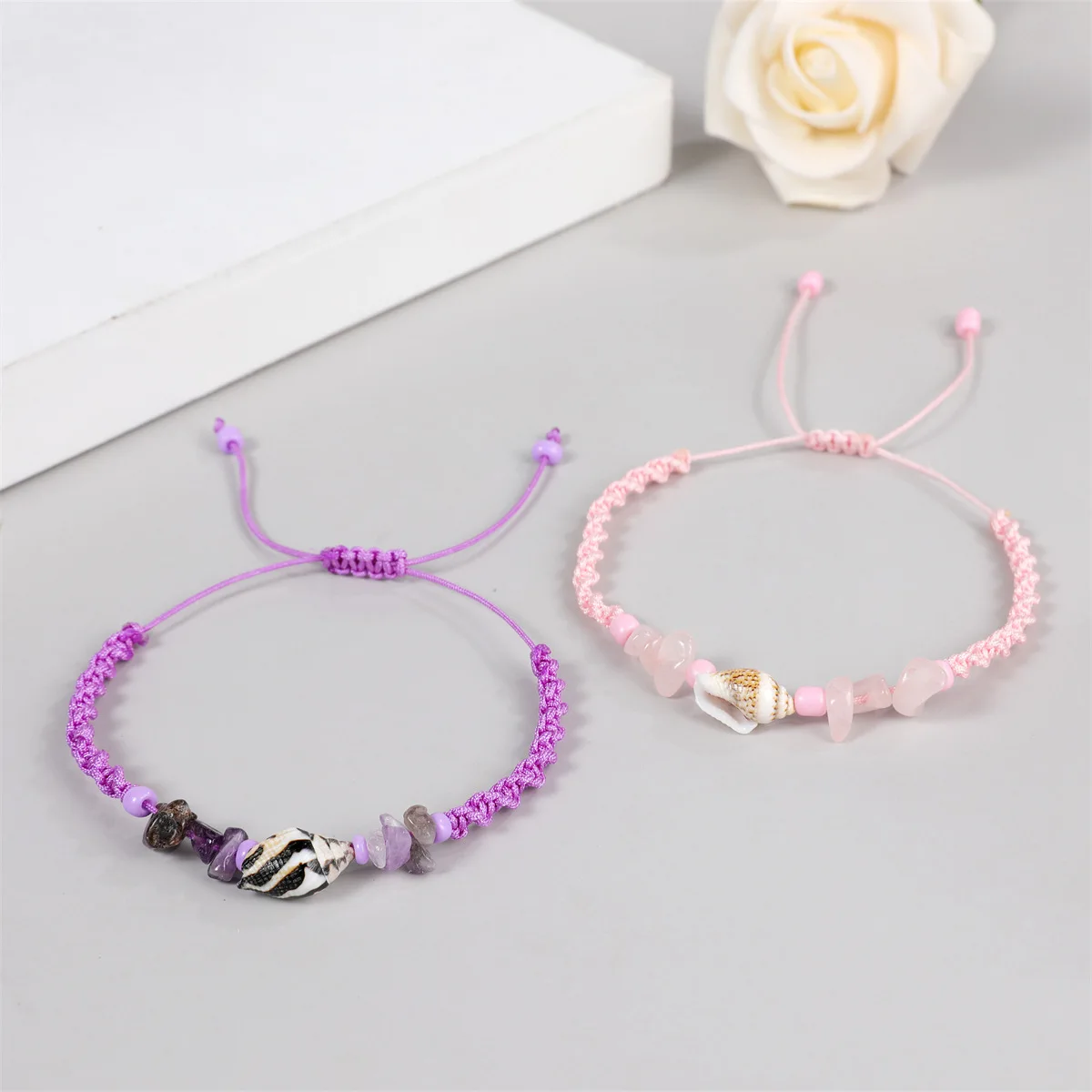 12pcs/card Natural crushed stone conch Woven Bracelet Adjustable twist string Lucky Friendship Bracelet
