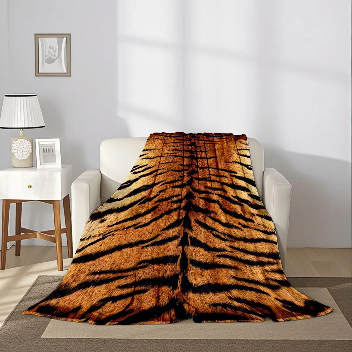High Definition Vivid Tiger Hide Grain Animal Pattern Full Print Soft Flannel Blanket for Bed Travel Living Room Daily Warm Rest