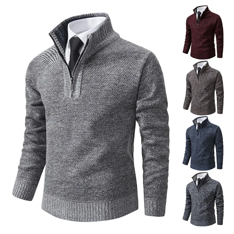 

Autumn Winter Men's Pullover Knitwear Slim Fit Half Zipper Sweater Solid Color Thicken Warm Casual Knitted Mock Neck Sweater