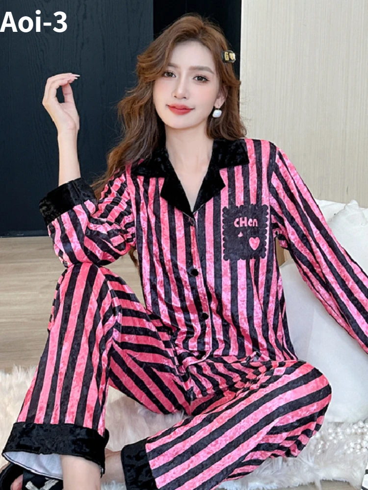 Fashion Gold Velvet Striped Pajamas Women's Spring Autumn New Rose Red Stitched Cardigan Top+Pants 2-Piece Home Clothes Suit