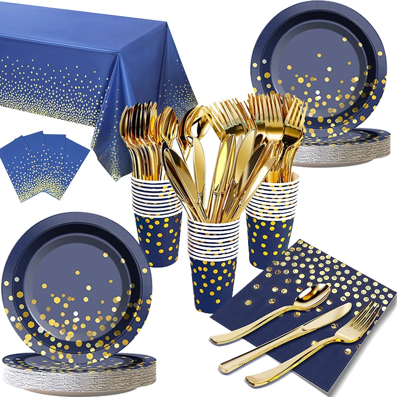 

Navy Blue Gold Party Decorations Blue and Gold Disposable Tableware Set Paper Plates Cups Napkin Tablecloth Wedding Anniversary